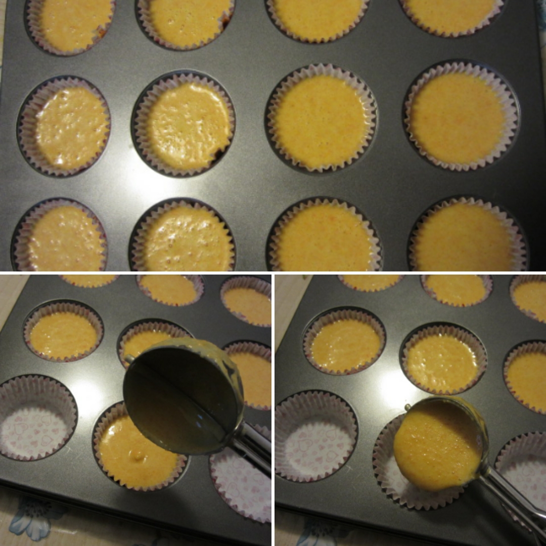 Dosaggio impasto con cucchiaio per il gelato! Carrot Cupcakes - decorati con panna
